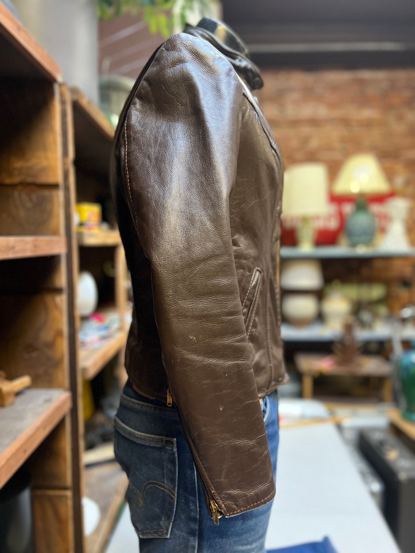 Brooks Leather Cafe Racer Motorcycle Jacket (Brown) Size 38